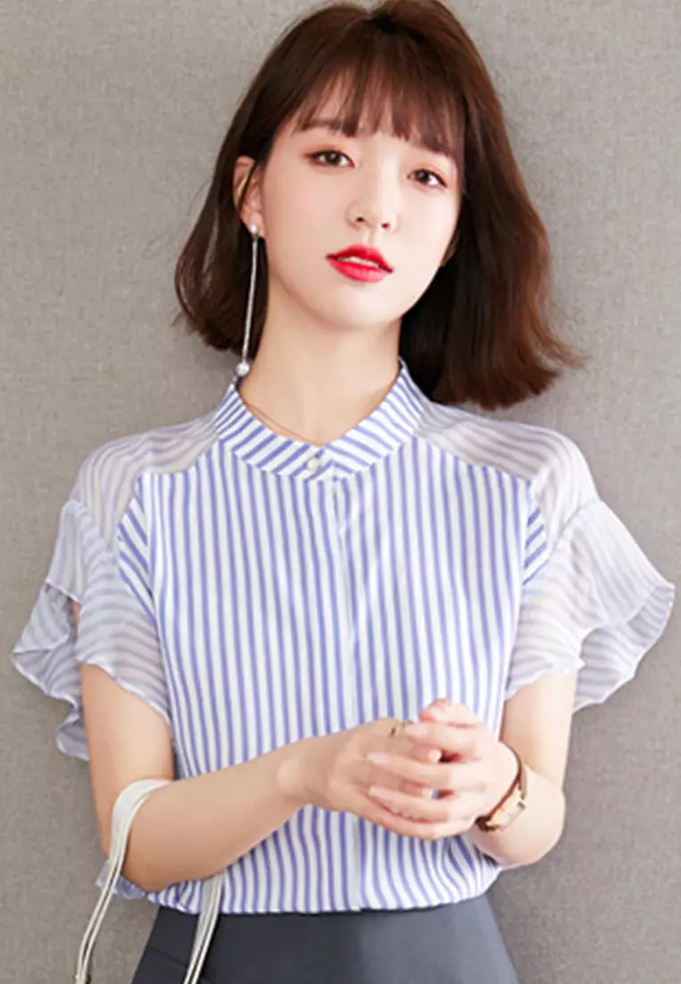 Small Fresh Striped Chiffon Short-Sleeved Shirt Top A22022522BL-XXL