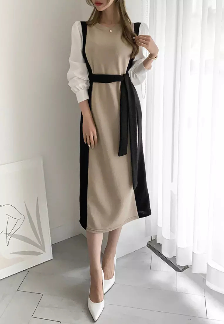 2024 New Colorblock Knitted Long Sleeve Dress K092502-BK