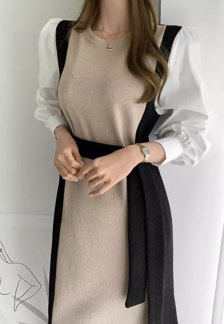 2024 New Colorblock Knitted Long Sleeve Dress K092502-BK