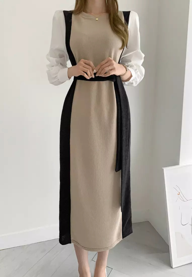 2024 New Colorblock Knitted Long Sleeve Dress K092502-BK