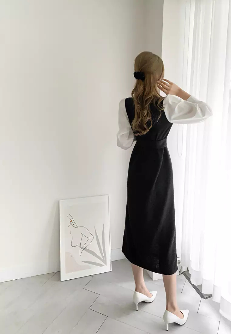 2024 New Colorblock Knitted Long Sleeve Dress K092502-BK