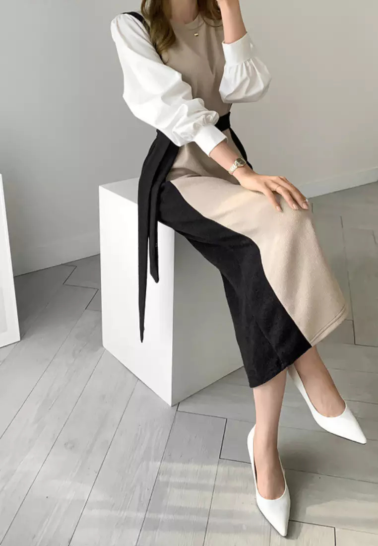 2024 New Colorblock Knitted Long Sleeve Dress K092502-BK