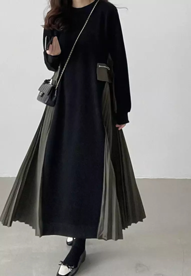 2024 New Colorblock Pleated Edge Long Sleeve Dress K092503-GY