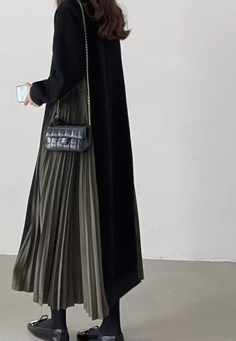 2024 New Colorblock Pleated Edge Long Sleeve Dress K092503-GY