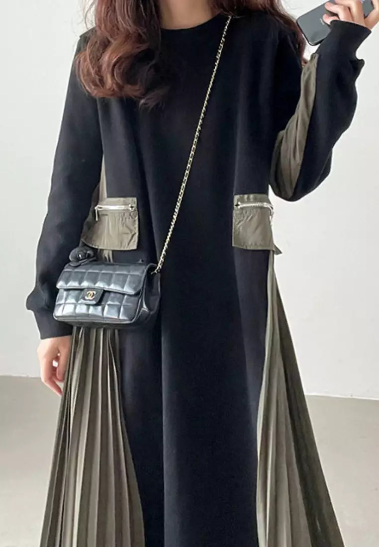2024 New Colorblock Pleated Edge Long Sleeve Dress K092503-GY
