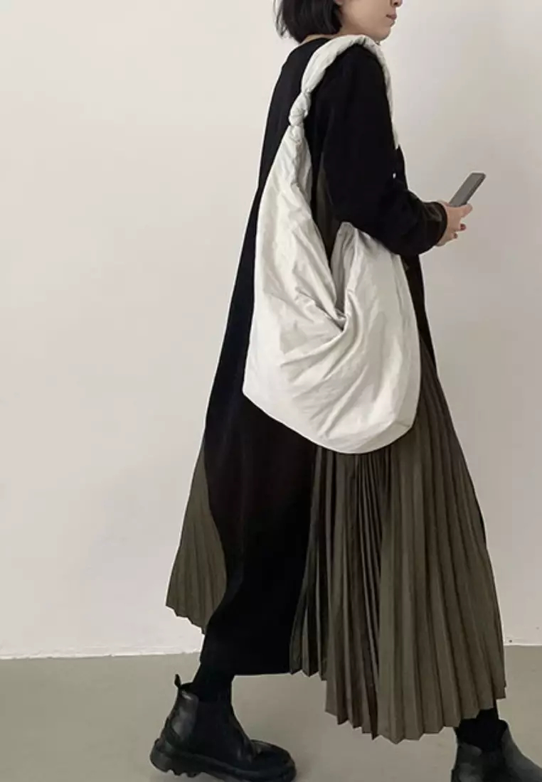 2024 New Colorblock Pleated Edge Long Sleeve Dress K092503-GY