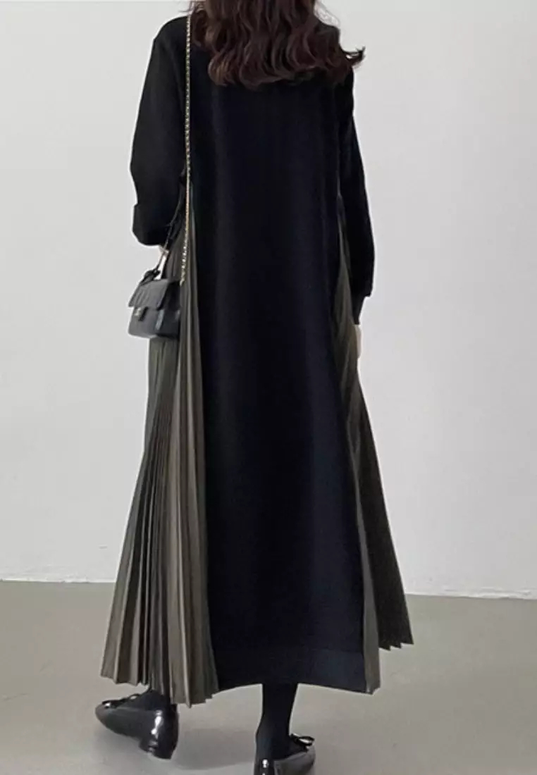 2024 New Colorblock Pleated Edge Long Sleeve Dress K092503-GY