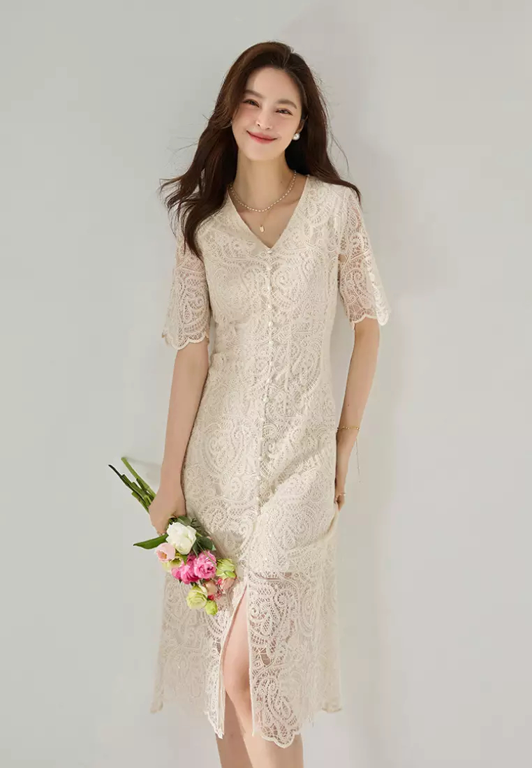 2024 new style real hollow lace V-neck dress K052705