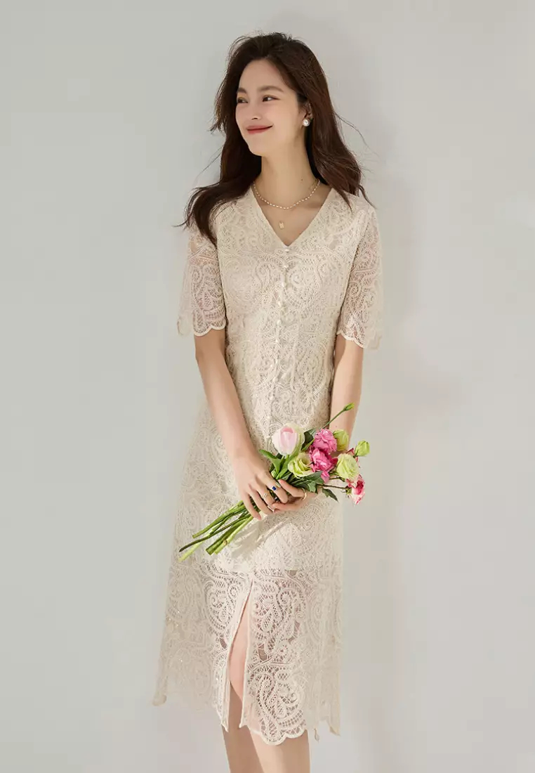 2024 new style real hollow lace V-neck dress K052705
