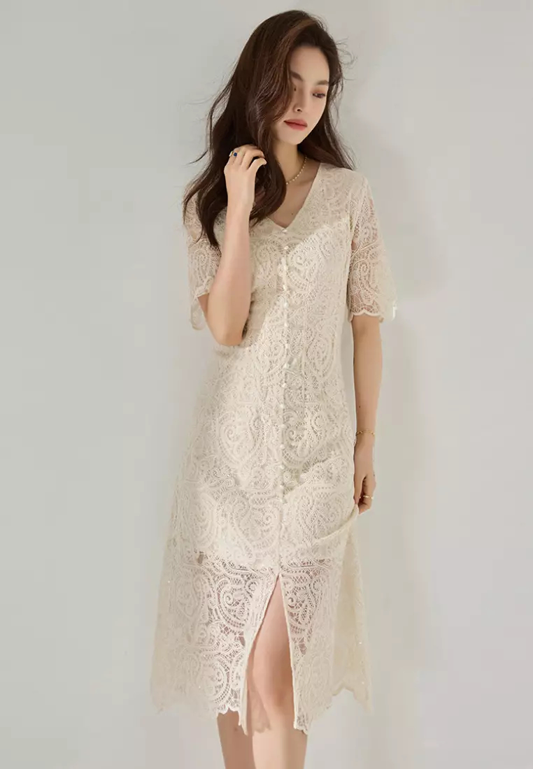 2024 new style real hollow lace V-neck dress K052705