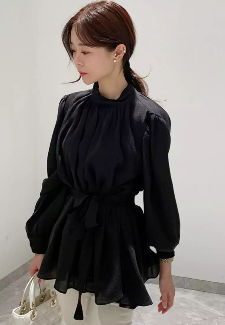 Brand new temperament lantern sleeve chiffon shirt top K092603-BK