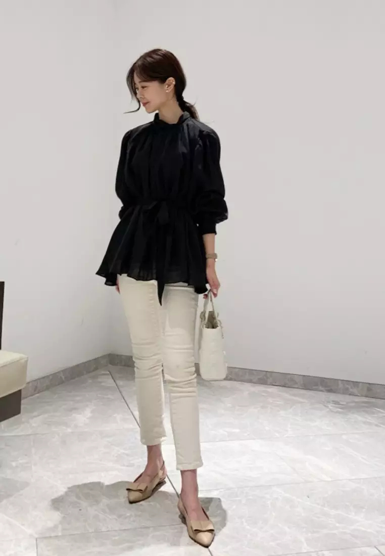 Brand new temperament lantern sleeve chiffon shirt top K092603-BK
