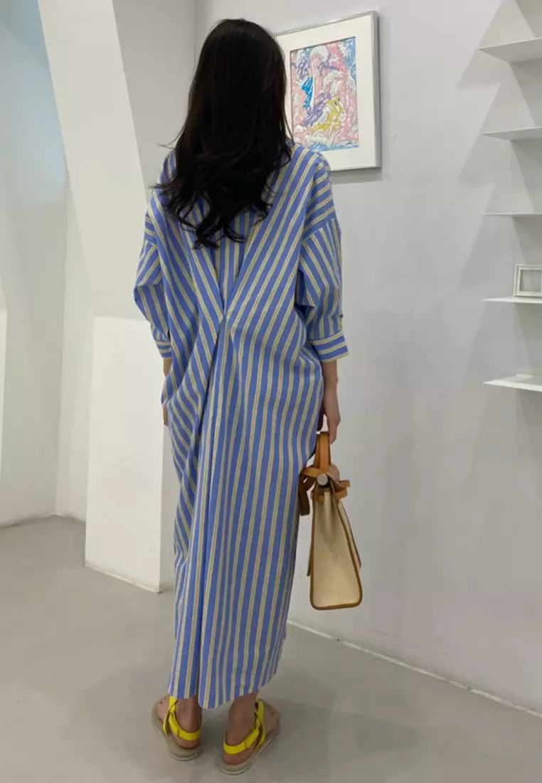 2024 new style striped pleated design long-sleeved shirt dress K092702-BL