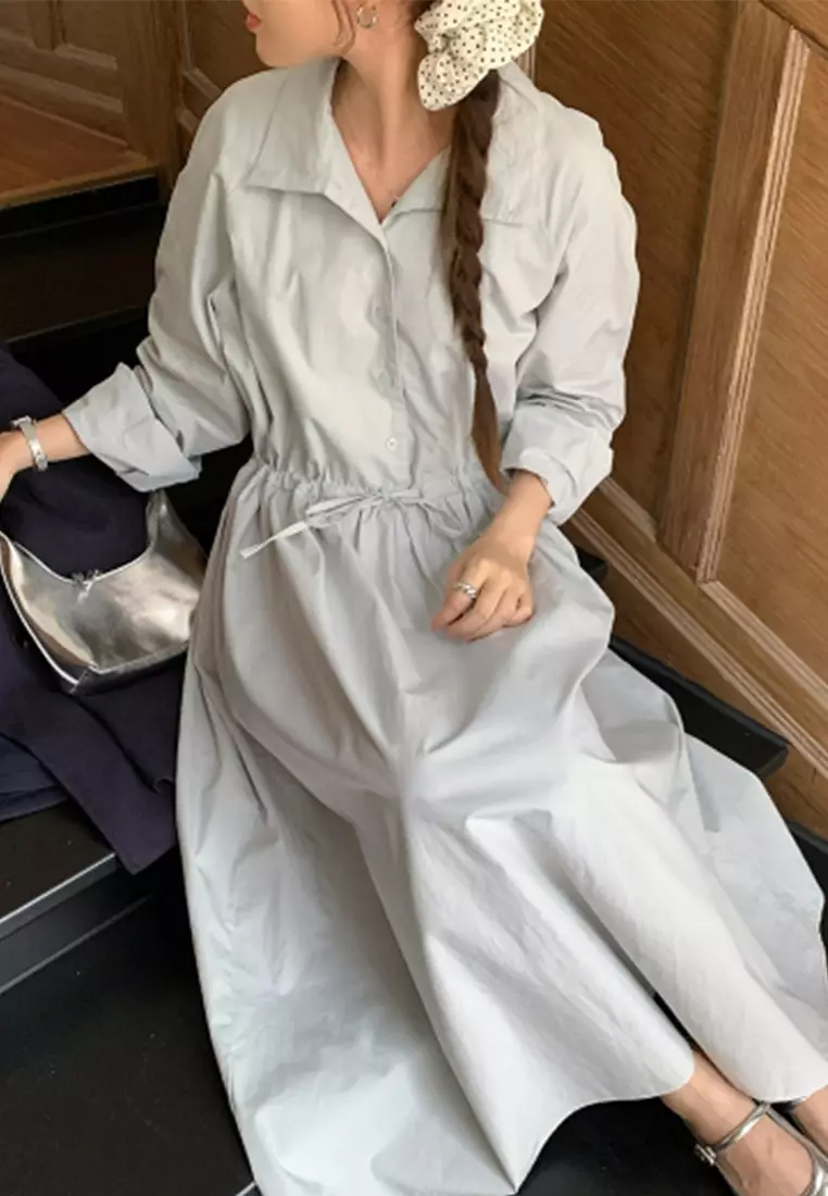Temperament new drawstring long-sleeved shirt dress K092703-W