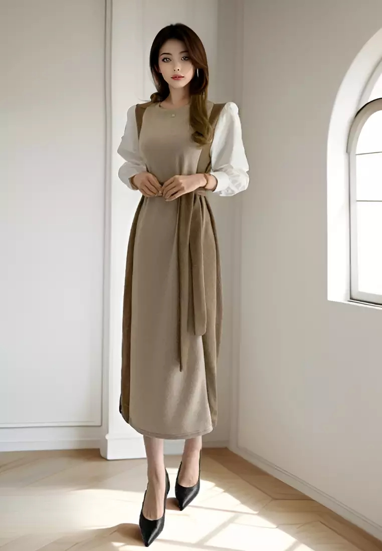 2024 New Colorblock Knitted Long Sleeve Dress K092502-BK