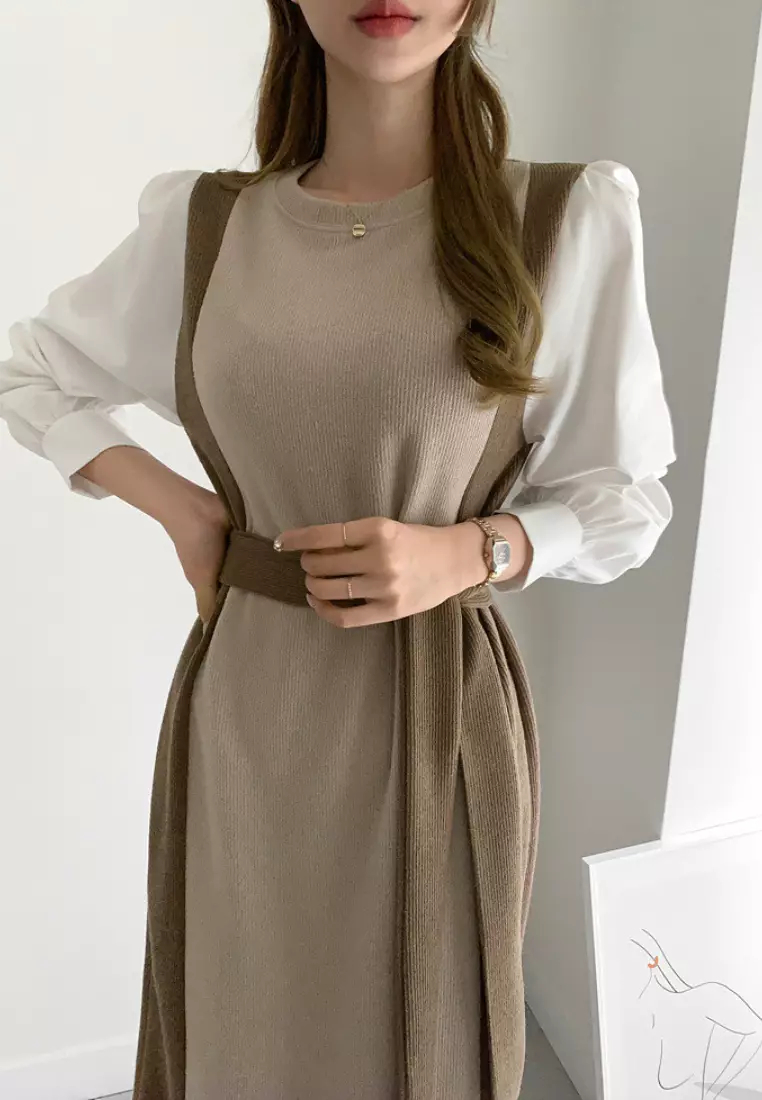 2024 New Colorblock Knitted Long Sleeve Dress K092502-BK