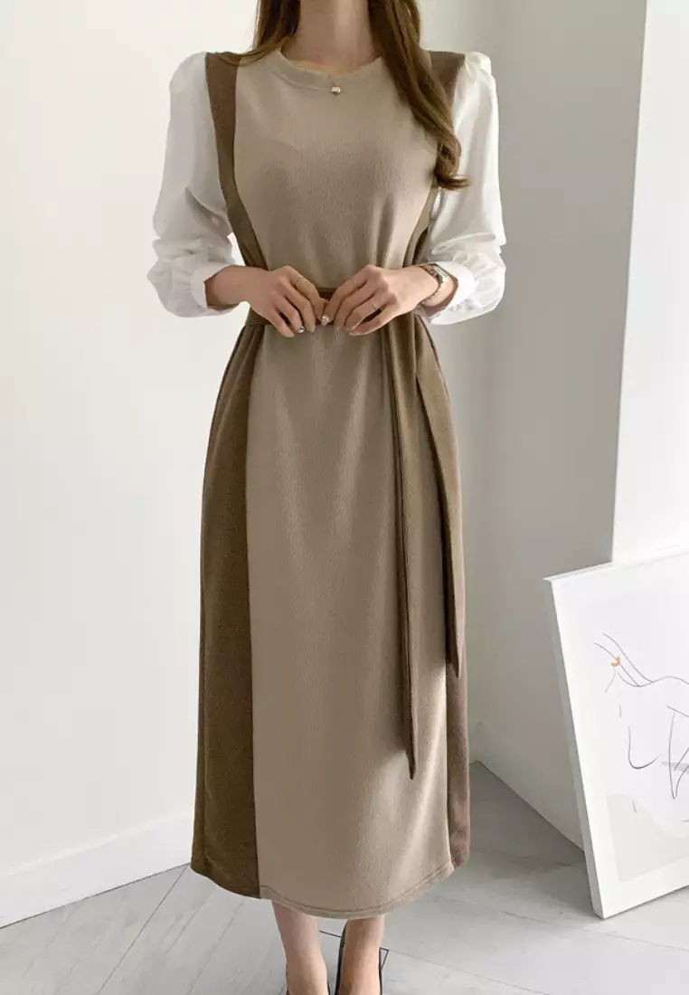 2024 New Colorblock Knitted Long Sleeve Dress K092502-BK