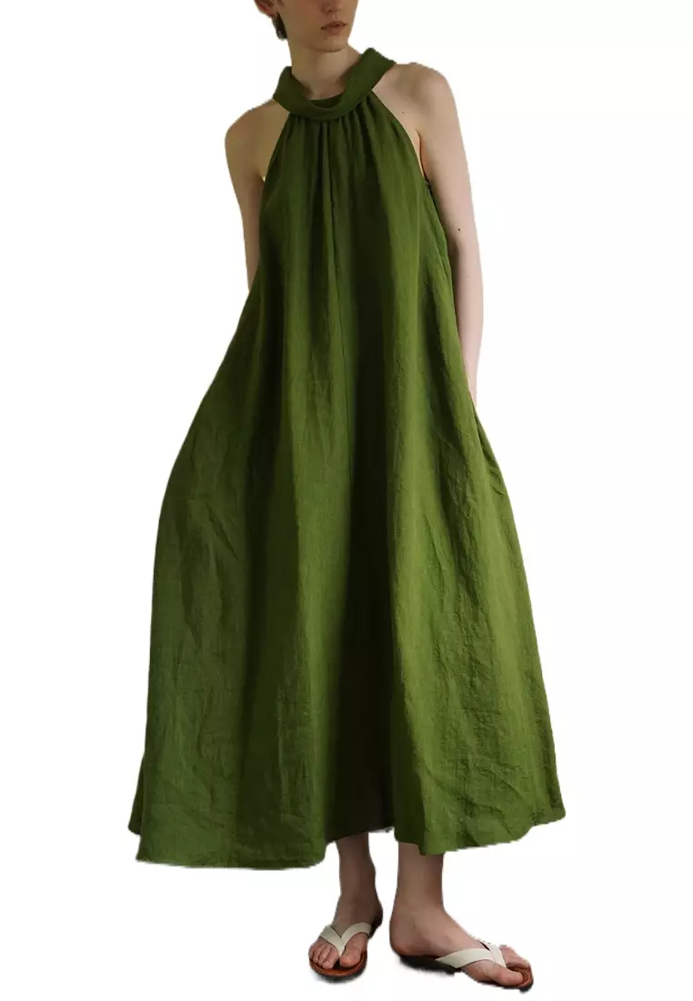 2024 new temperament linen halter neck green dress K052105