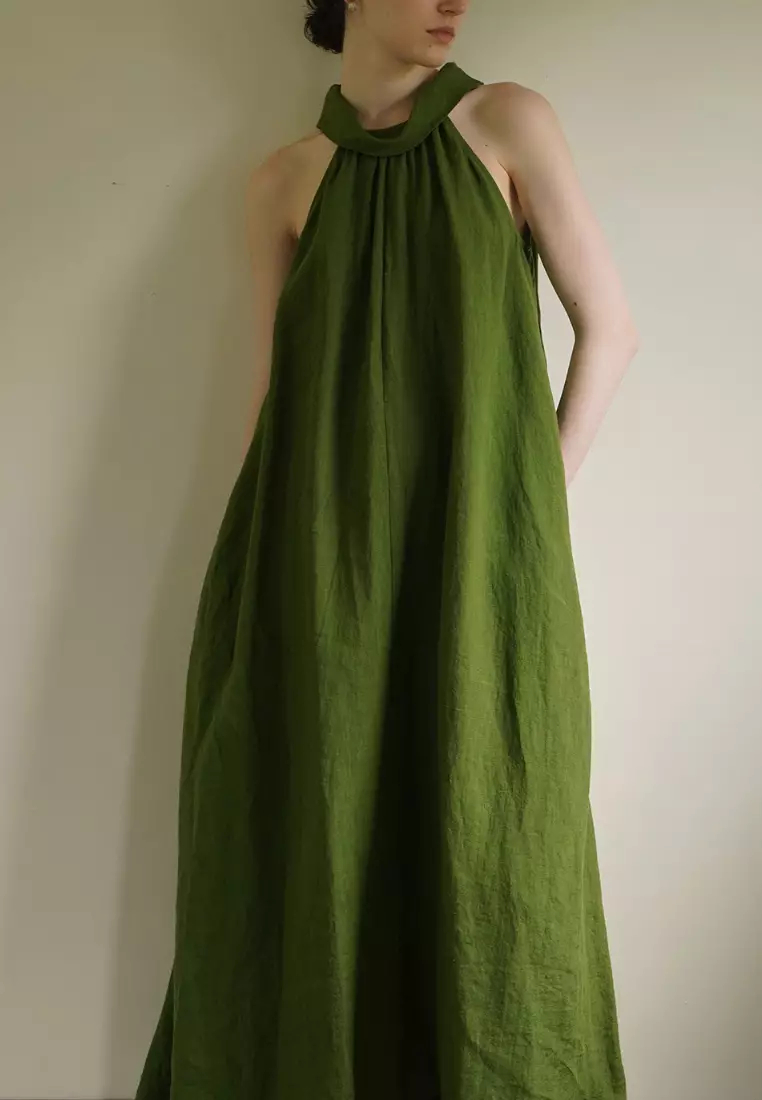 2024 new temperament linen halter neck green dress K052105