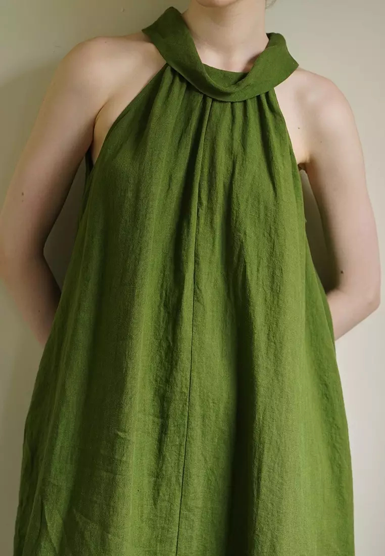 2024 new temperament linen halter neck green dress K052105