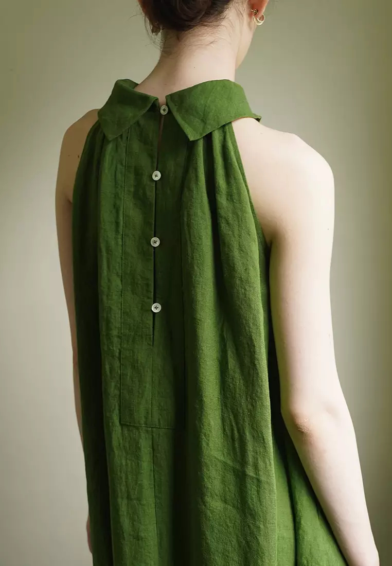 2024 new temperament linen halter neck green dress K052105