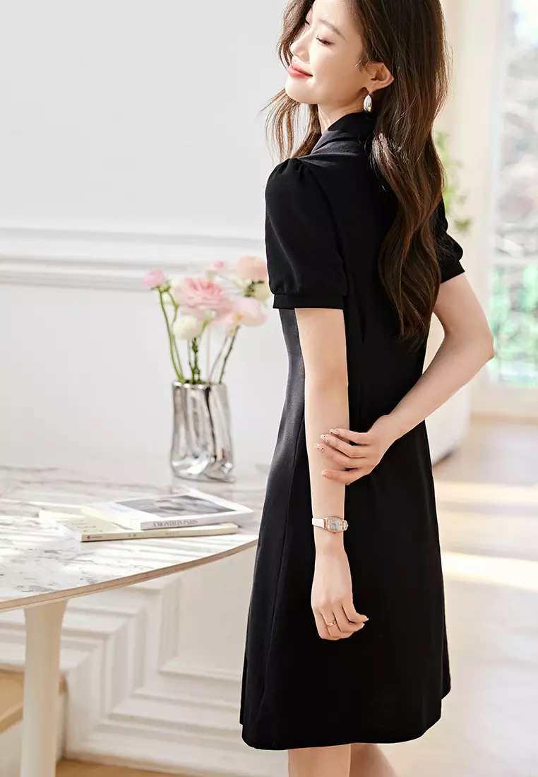 2024 Summer New Puff Sleeve Retro Black Dress K050901