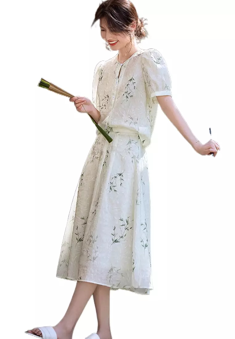 2024 Summer New Puff Sleeve Retro Two Piece Set Dress K050902