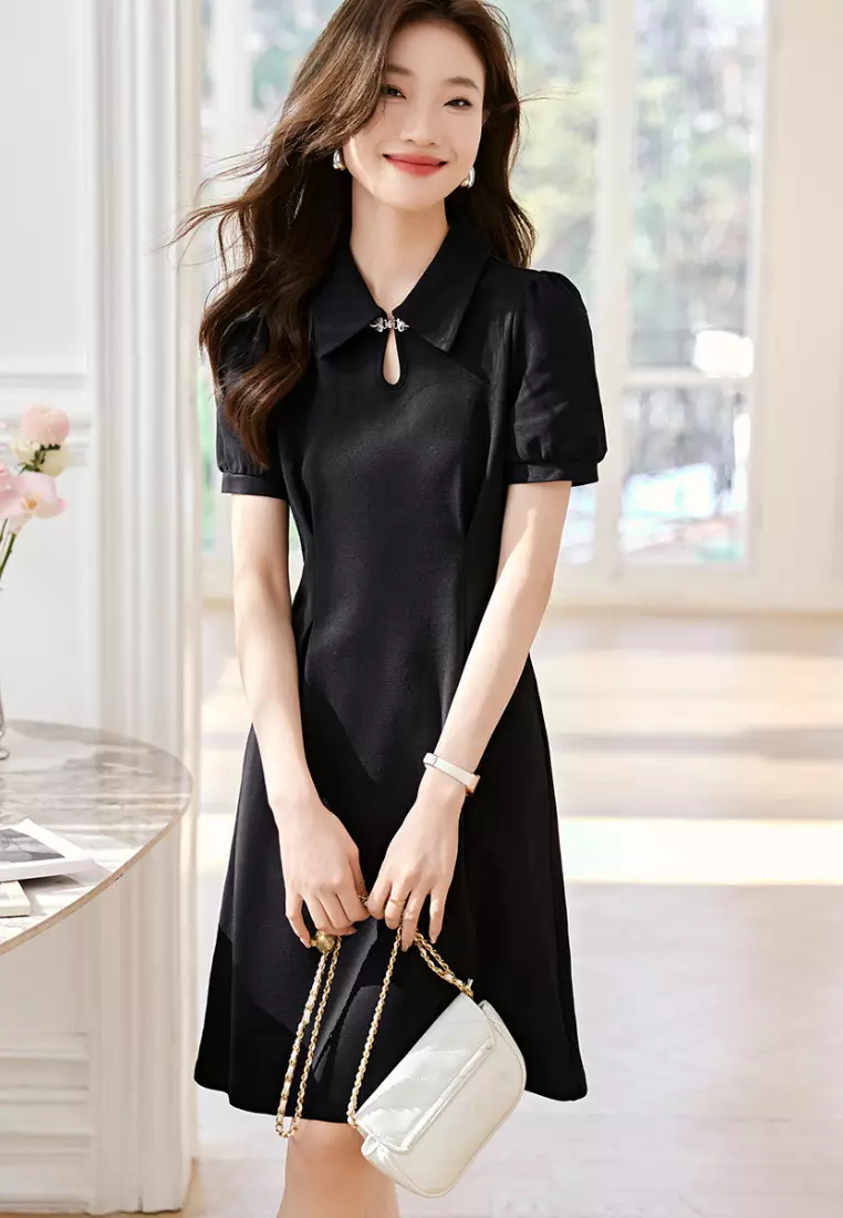 2024 Summer New Puff Sleeve Retro Black Dress K050901