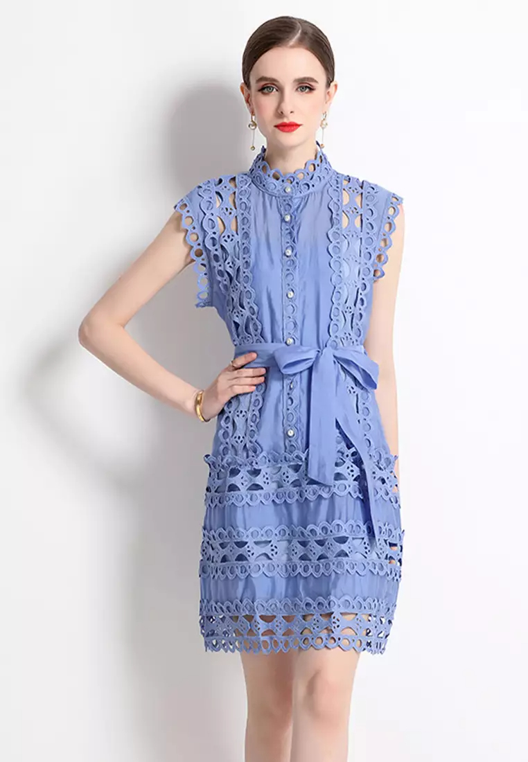 2024 Summer Round Neck Sleeveless Lace Dress CA24032624BK