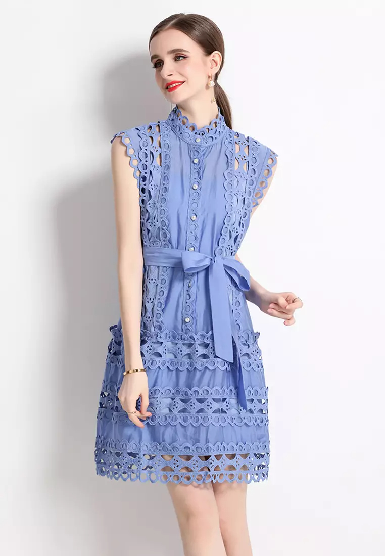 2024 Summer Round Neck Sleeveless Lace Dress CA24032624BK