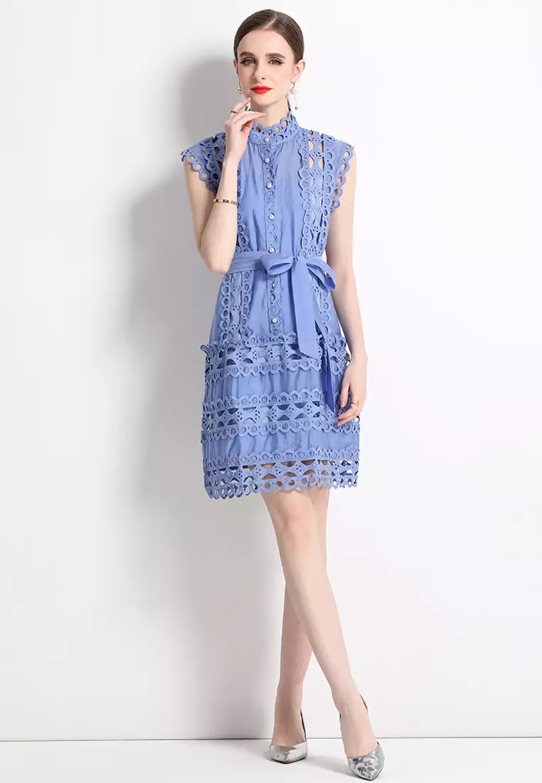 2024 Summer Round Neck Sleeveless Lace Dress CA24032624BK