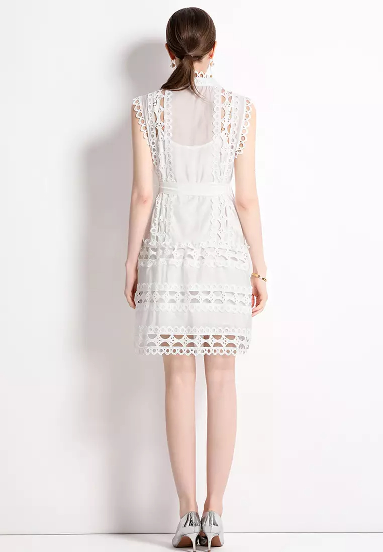2024 Summer Round Neck Sleeveless Lace Dress CA24032624BK
