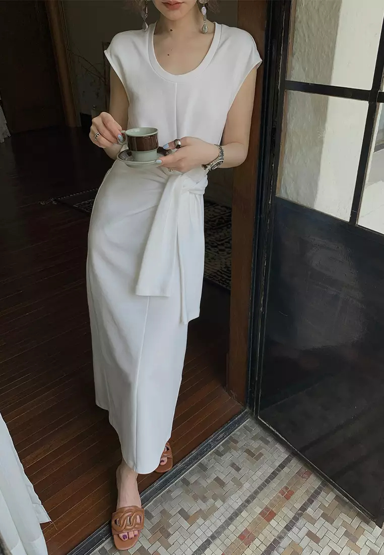 New elegant French U-neck knotted dress CA24032514BK