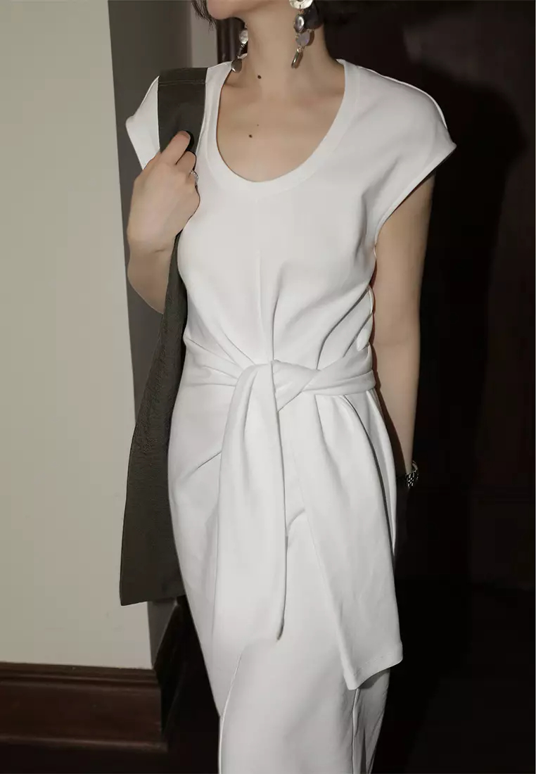 New elegant French U-neck knotted dress CA24032514BK