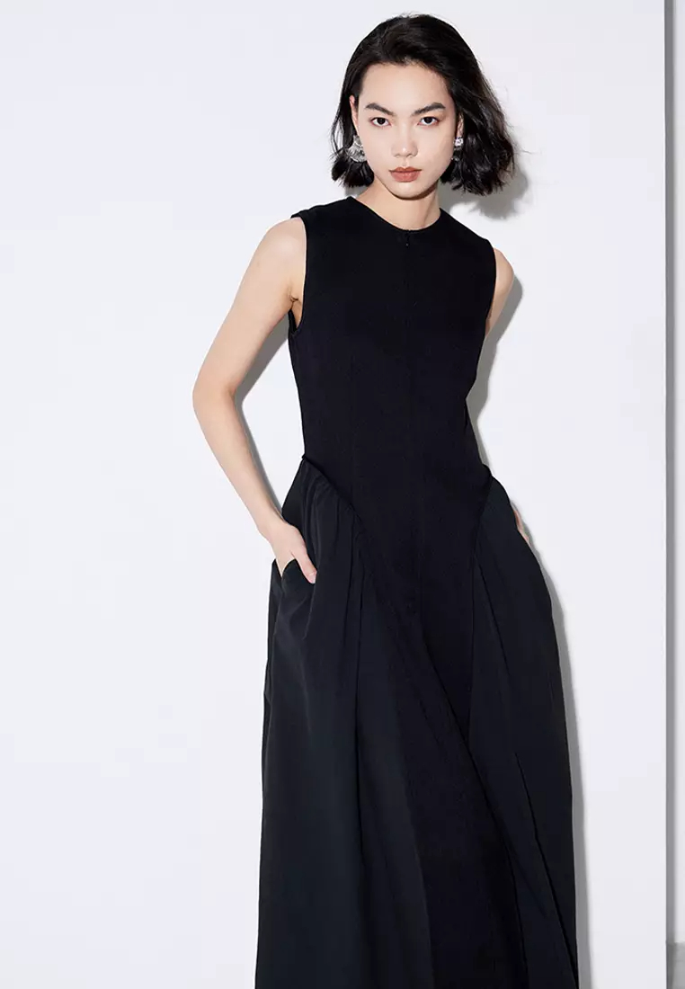 New patchwork pleated skirt solid color sleeveless dress CA24032527W