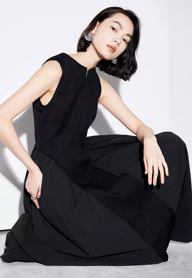 New patchwork pleated skirt solid color sleeveless dress CA24032527W