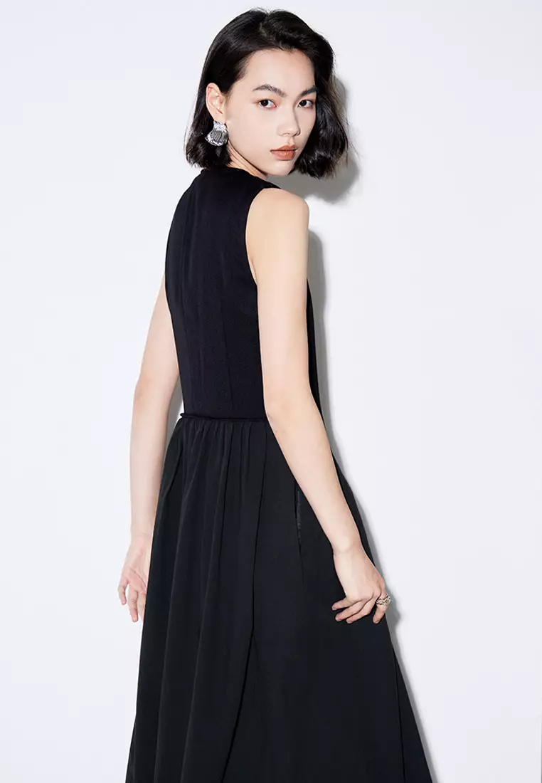 New patchwork pleated skirt solid color sleeveless dress CA24032527W