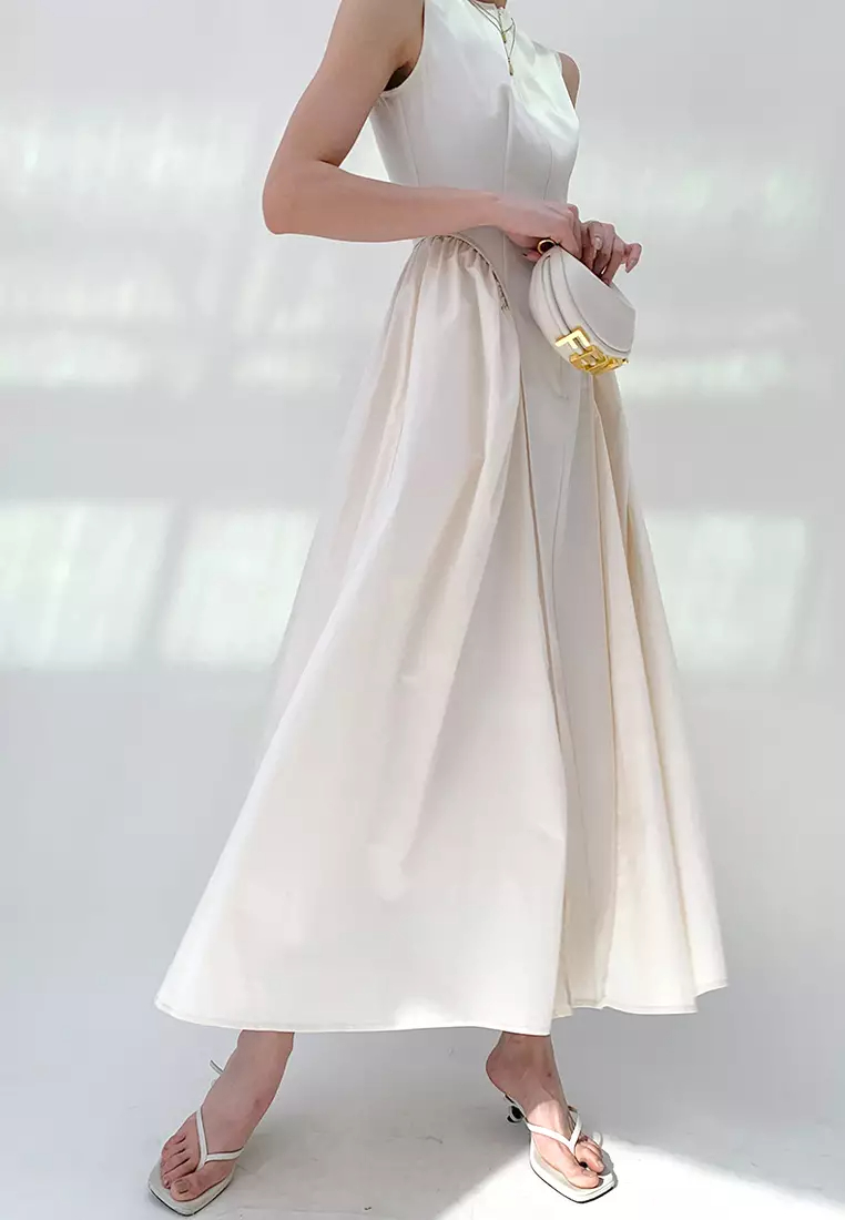 New patchwork pleated skirt solid color sleeveless dress CA24032527W