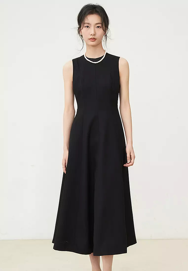 New round neck sleeveless elegant long A line dress CA24032516BK