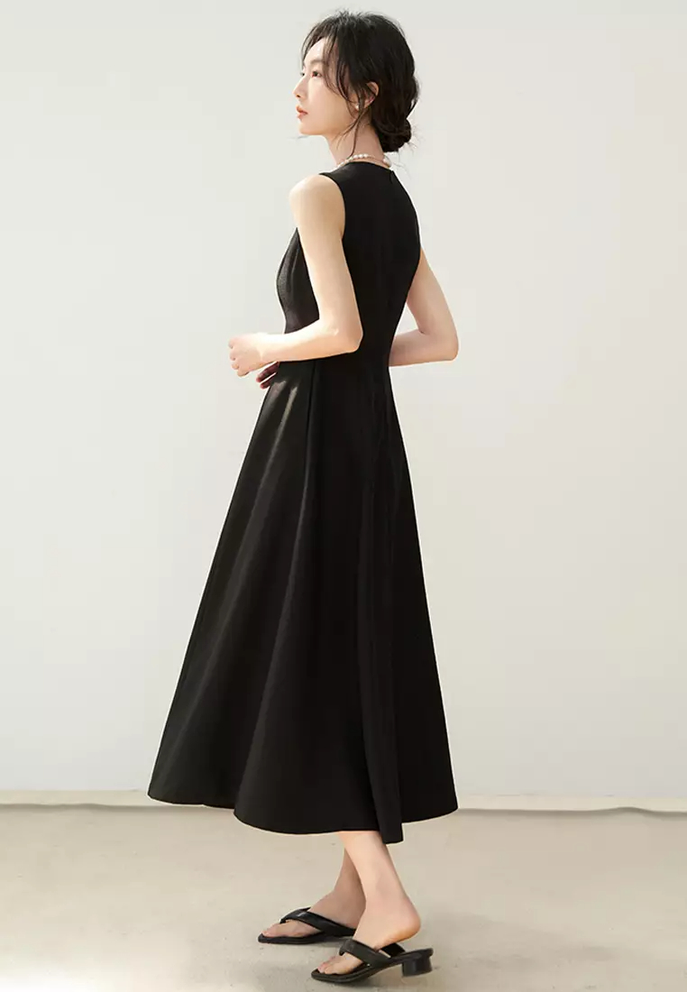 New round neck sleeveless elegant long A line dress CA24032516BK