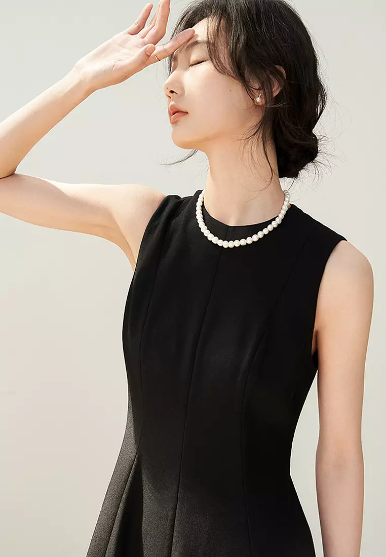 New round neck sleeveless elegant long A line dress CA24032516BK