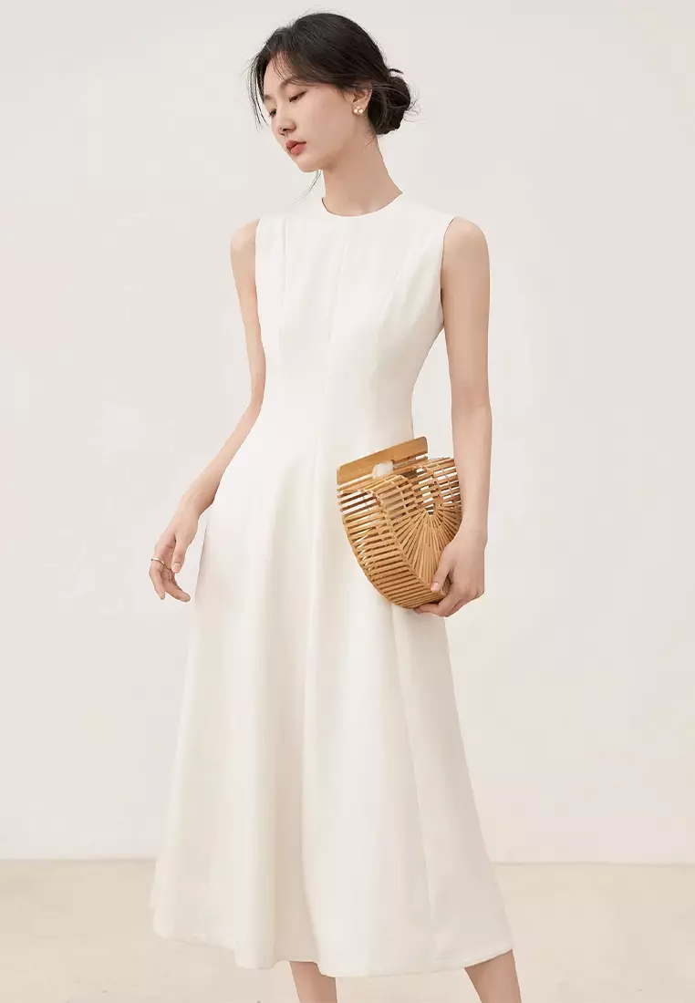 New round neck sleeveless elegant long A line dress CA24032516BK