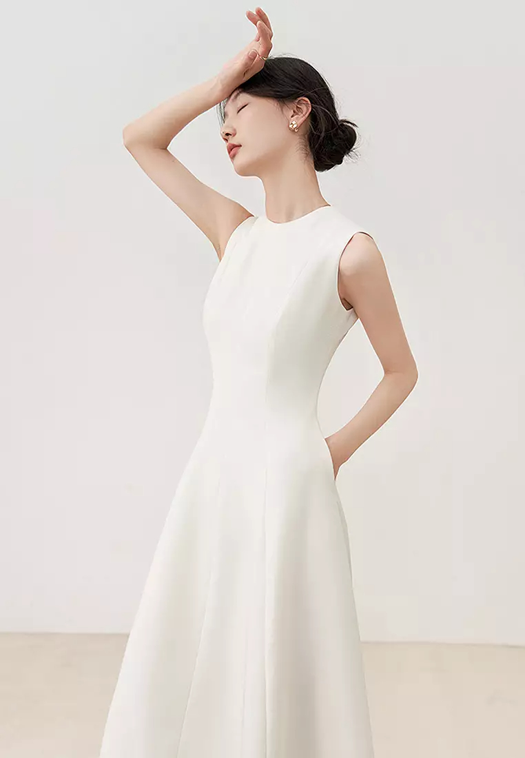 New round neck sleeveless elegant long A line dress CA24032516BK