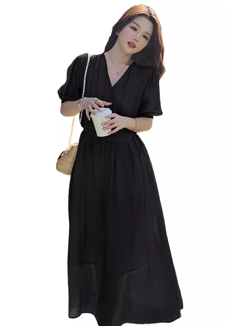 Summer New V Neck Wrapped Women Dress K042906BK
