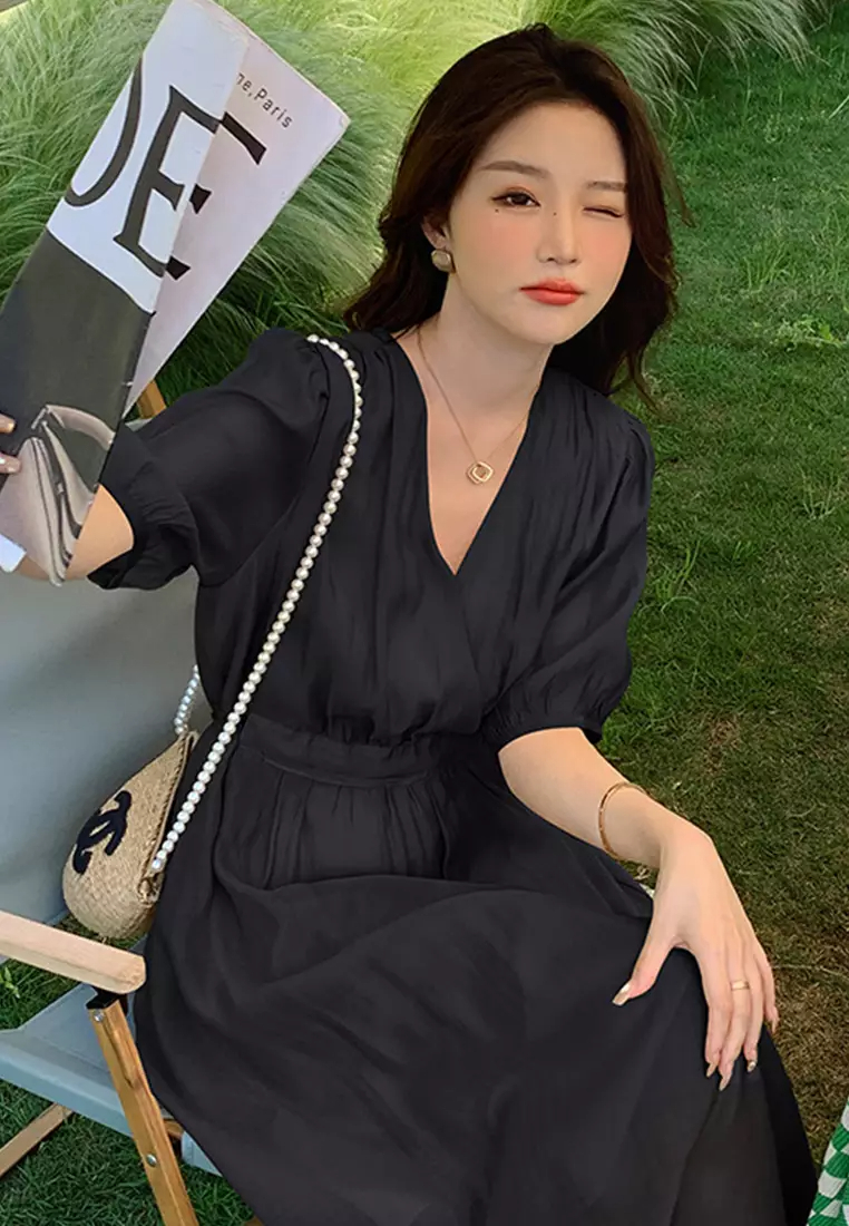 Summer New V Neck Wrapped Women Dress K042906BK