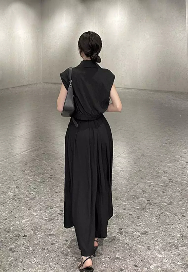 2024 retro style sleeveless vest top + high waist long skirt two-piece set K051608BK