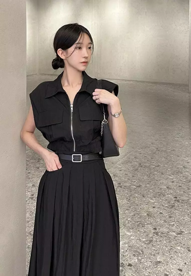 2024 retro style sleeveless vest top + high waist long skirt two-piece set K051608BK