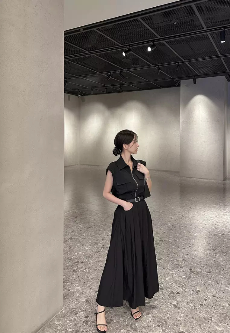 2024 retro style sleeveless vest top + high waist long skirt two-piece set K051608BK