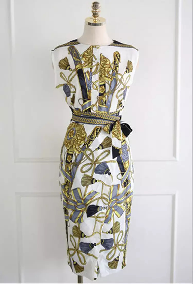 2024 S/S Fashion Retro Print Waist Wrapped Irregular Skirt Midi Dress A23022413BL