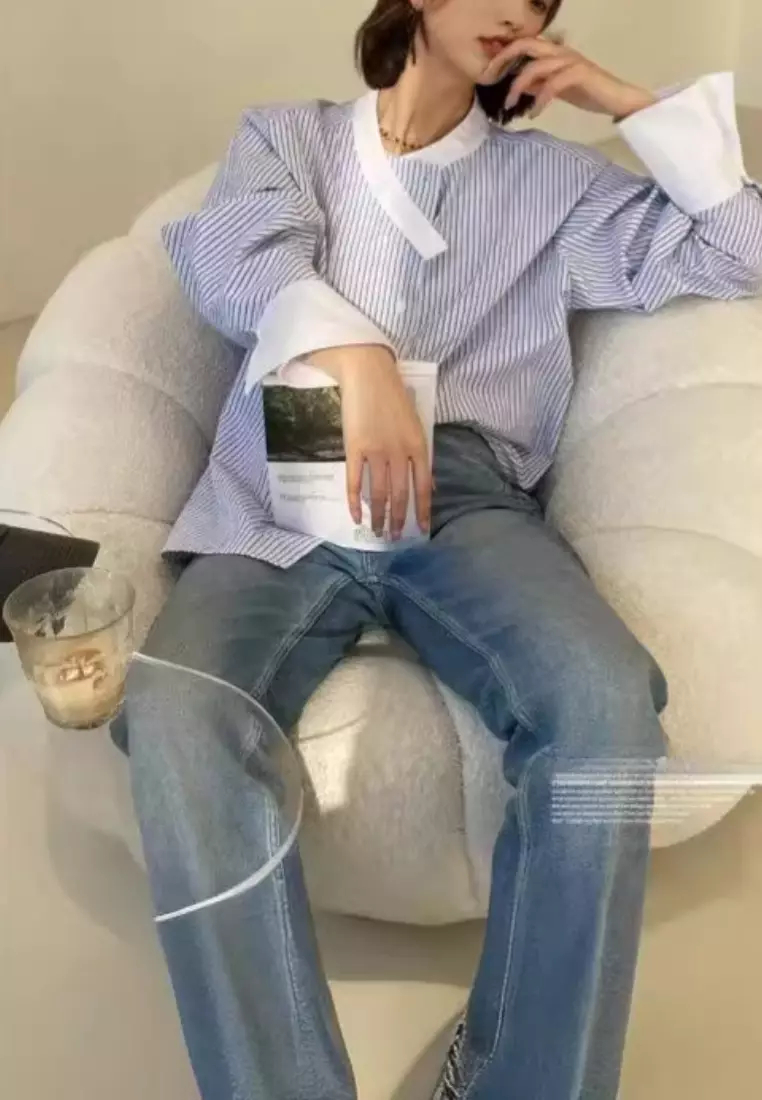 New refreshing and simple straight air pattern long-sleeved shirt top K092506